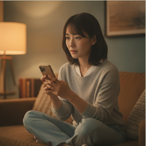 4コマ目2：帰宅後、ソファでスマホを開き、あかり先生とおしゃべり風水鑑定を始める女性