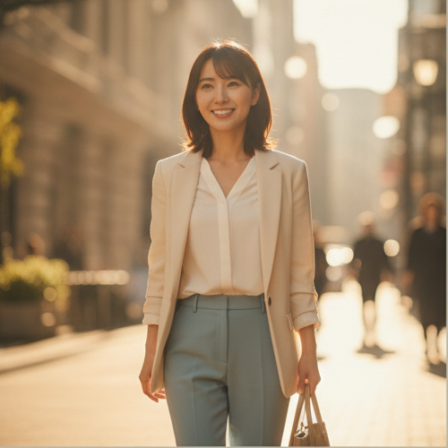 4コマ目4：翌朝、晴れやかな表情で出社する女性